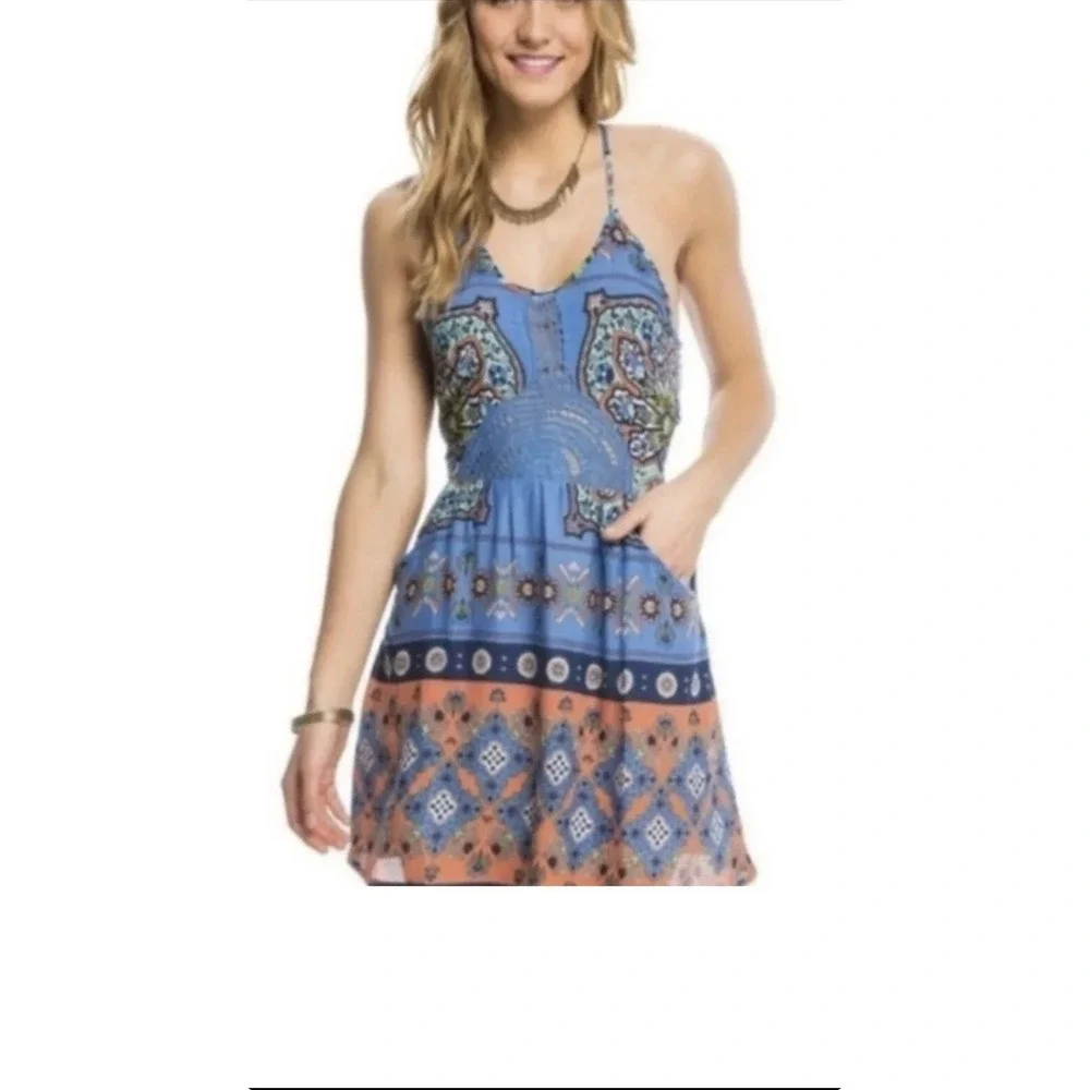 Roxy Crochet Halter Mini‎ Dress Size XS Blue Multi Beachy Boho Summer Pockets
